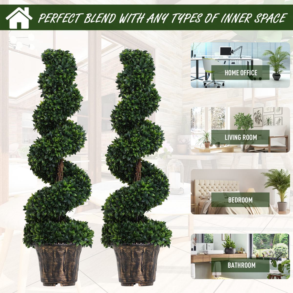 PE Set of 2 Artificial Boxwood Spiral Topiary Plant Tree's Green