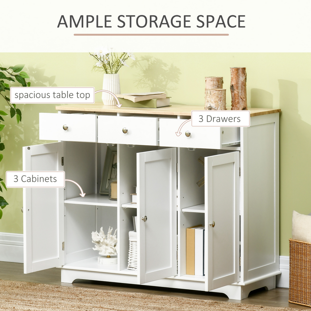 Sideboard with Rubberwood Top, Buffet Drawers and Adjustable Shelves White