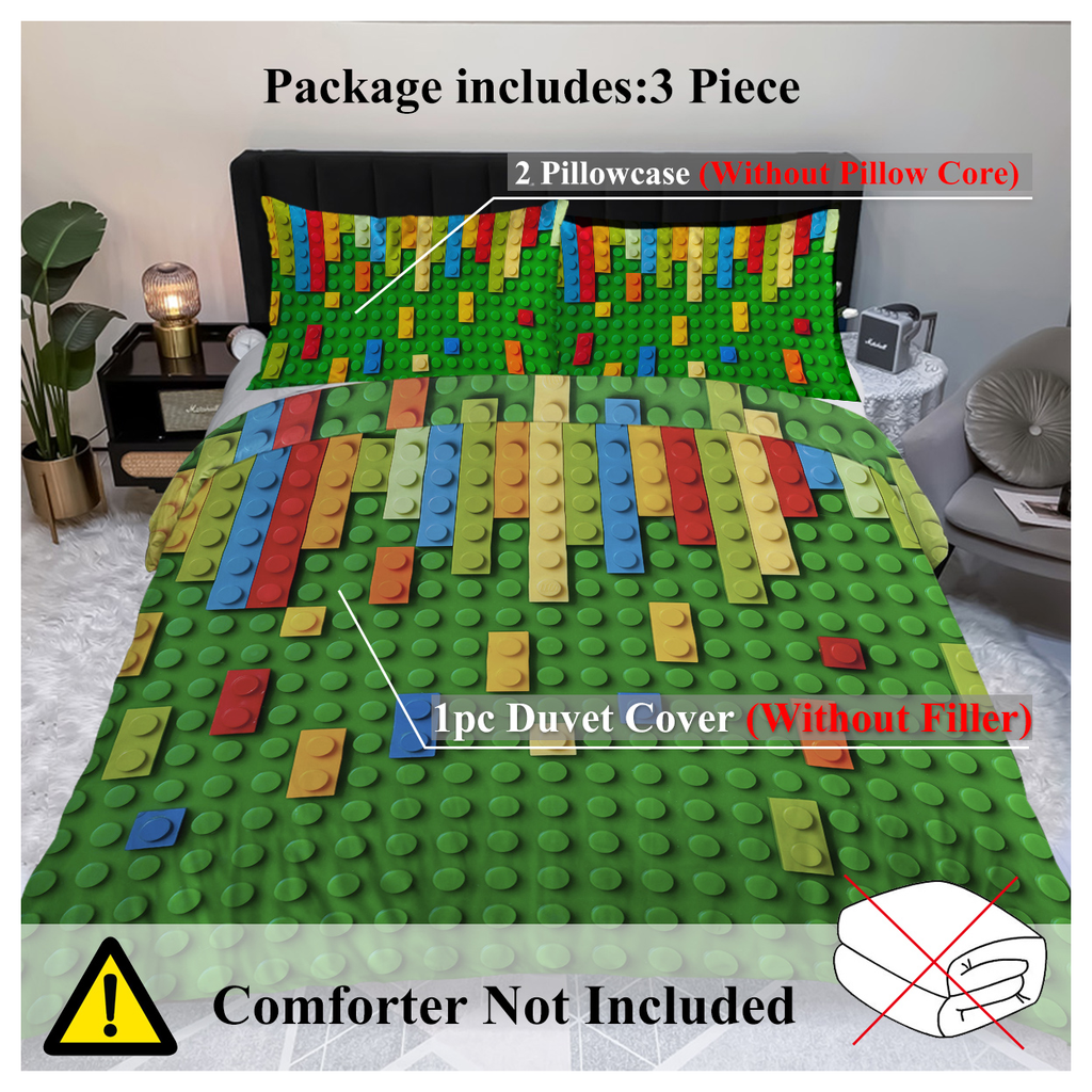 Green Blocks Duvet Cover Set Single 3pcs Colorful Microfiber Kids Bedding Set