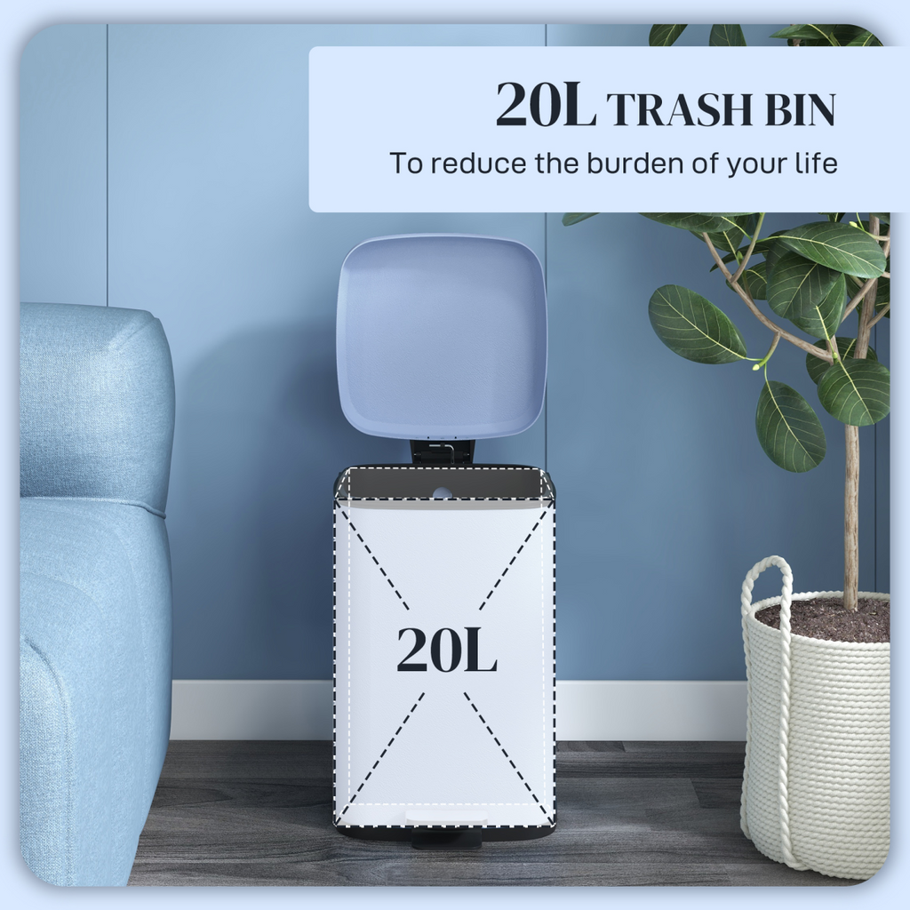 HOMCOM 20L Kitchen Pedal Bin, Metal Rubbish Bin with Soft-close Lid, Light Blue