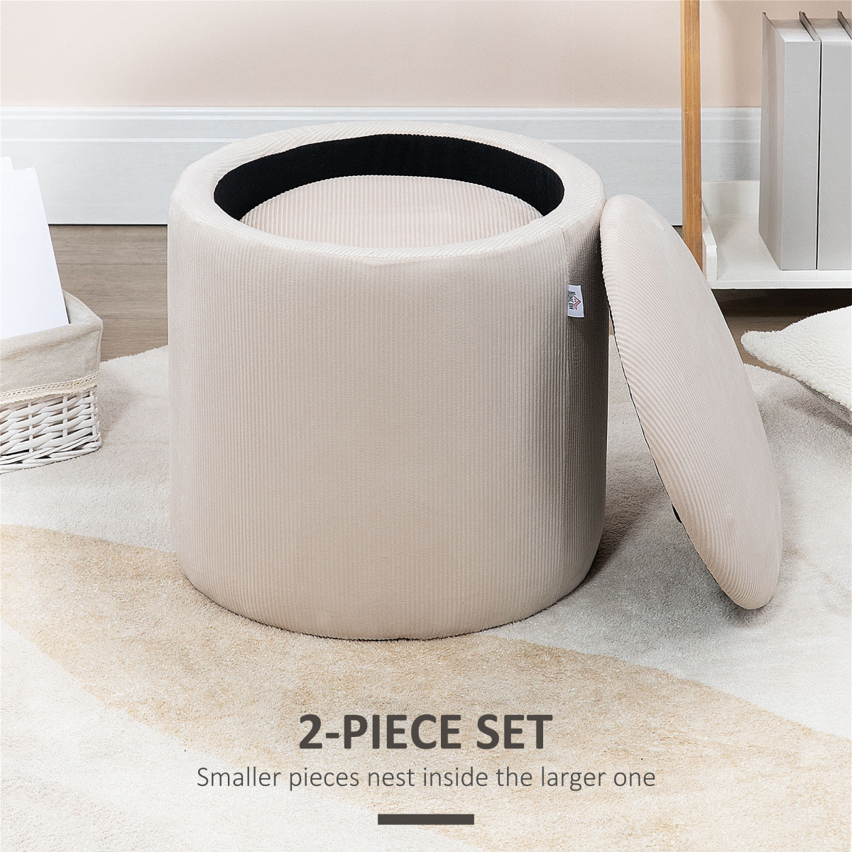 HOMCOM Modern Fabric Storage Ottoman with Removable Lid, Set of 2, Cream White