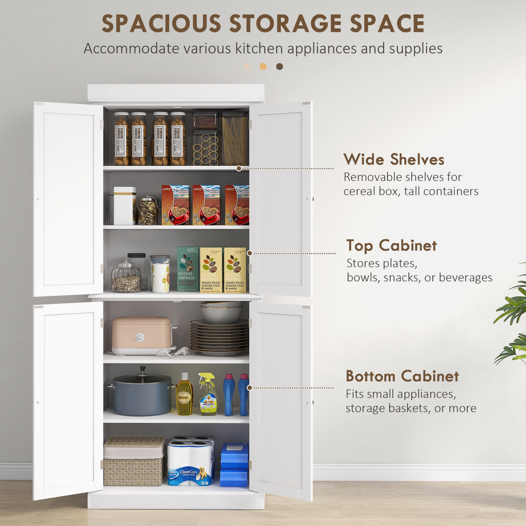 Freestanding Kitchen Cupboard, 6-Tier Cabinet Organizer w/ 4 Adjustable, White