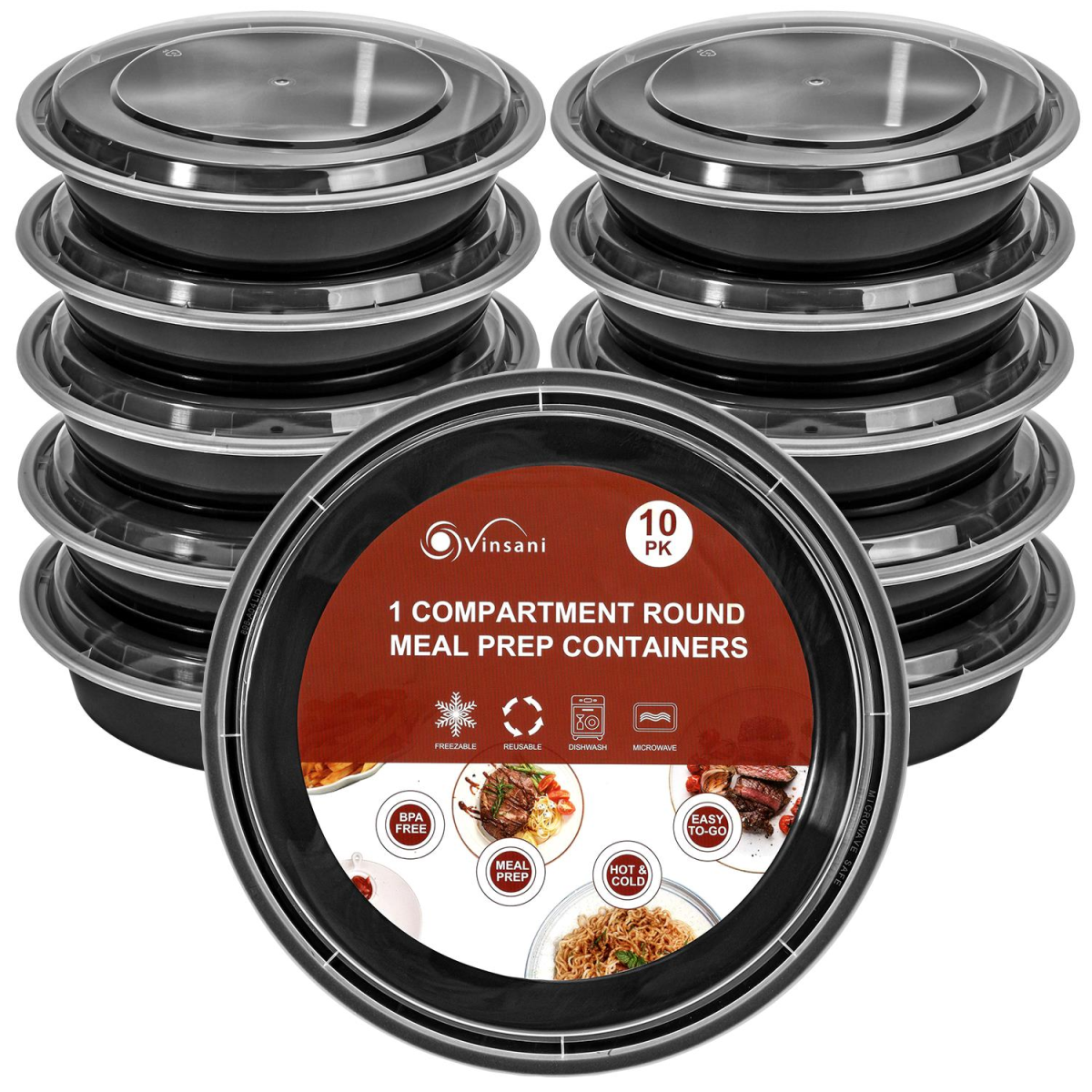 Vinsani 20pk ROUND 1 COMPARTMENT MEAL PREP CONTAINERS