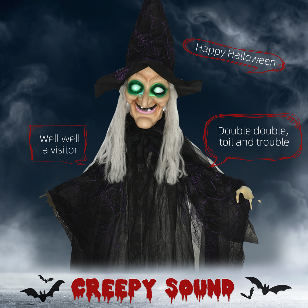 HOMCOM Standing Witch Prop Life Size with Light Up Eyes, Talking Sound