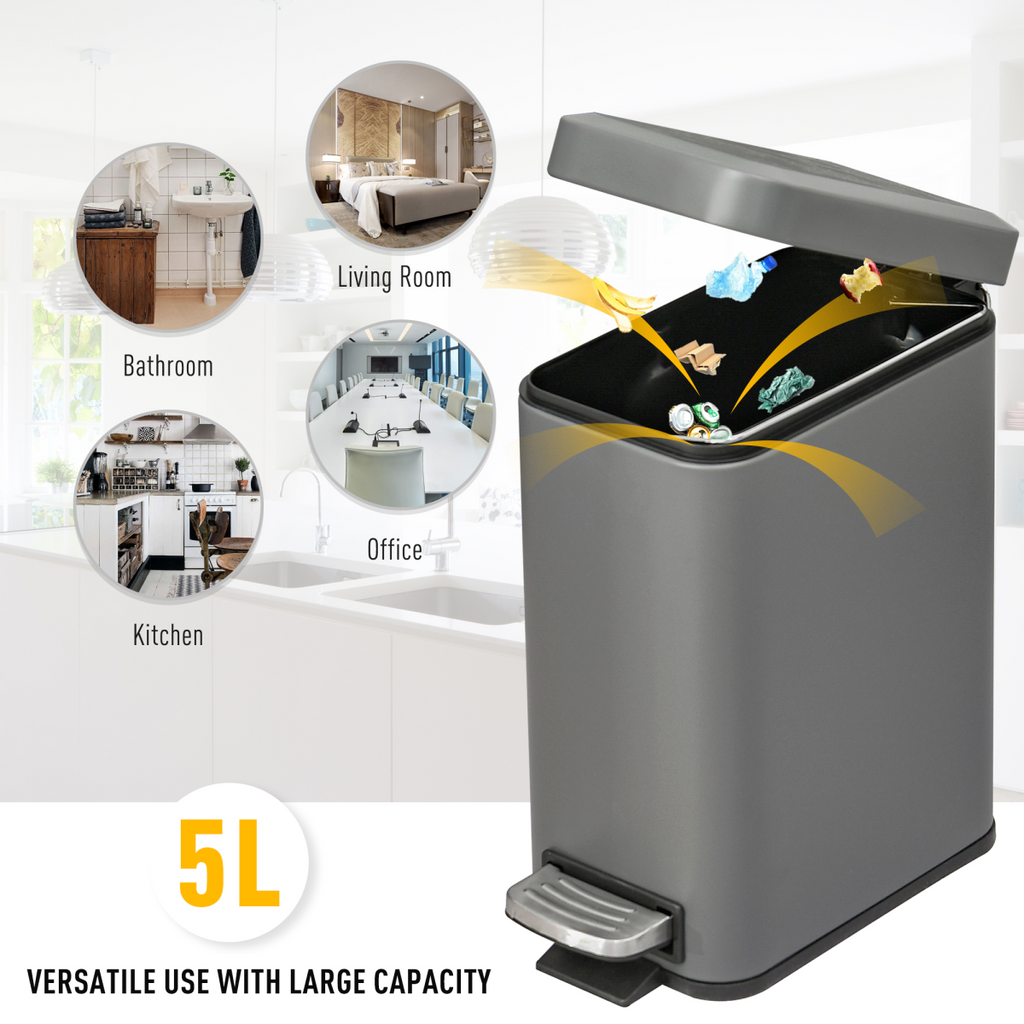 5L Steel Step Trash Can with Quiet-Closed Lid, Silent and Gentle Open