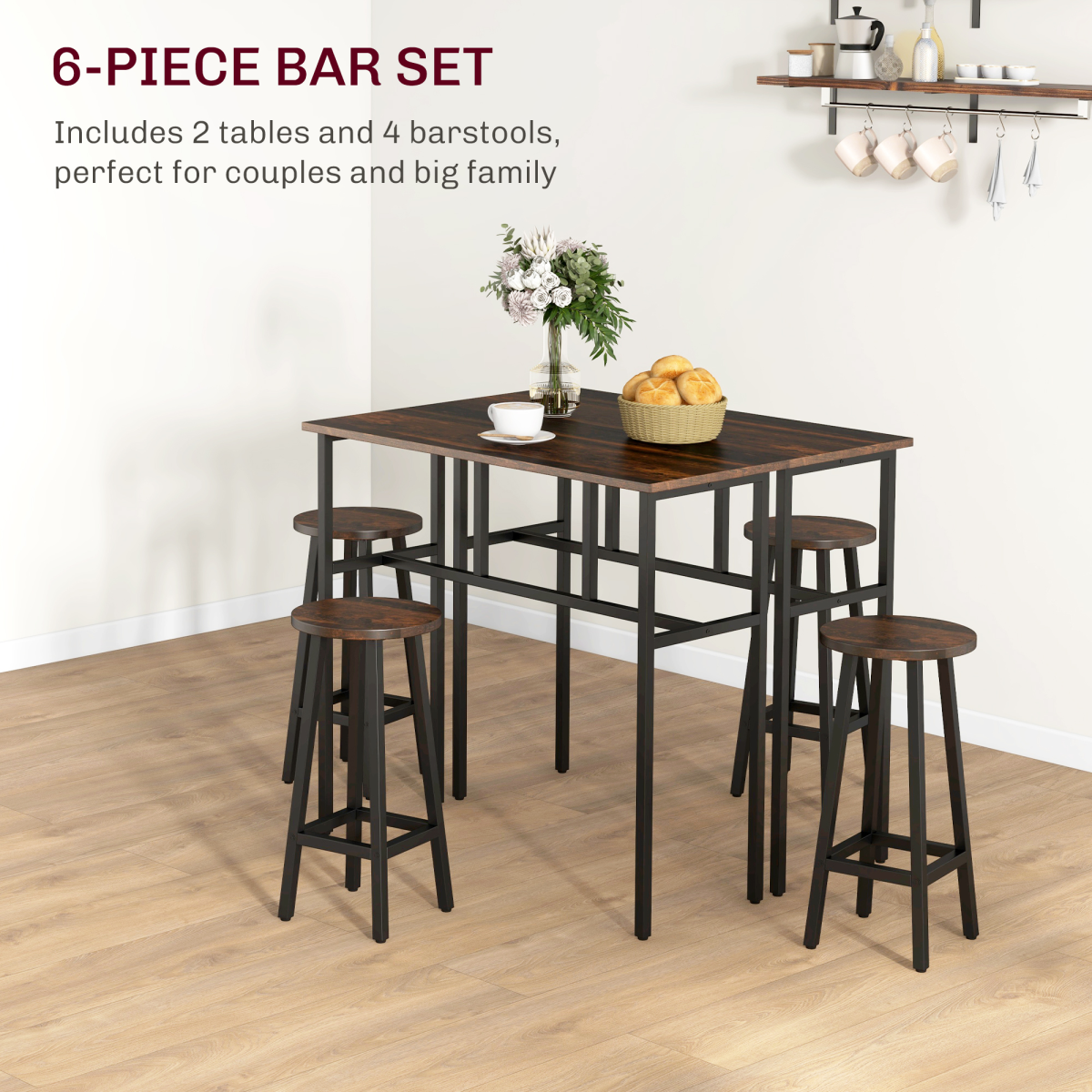 HOMCOM 6-Piece Industrial Bar Table Set, 2 Kitchen Tables with 4 Stools, Brown