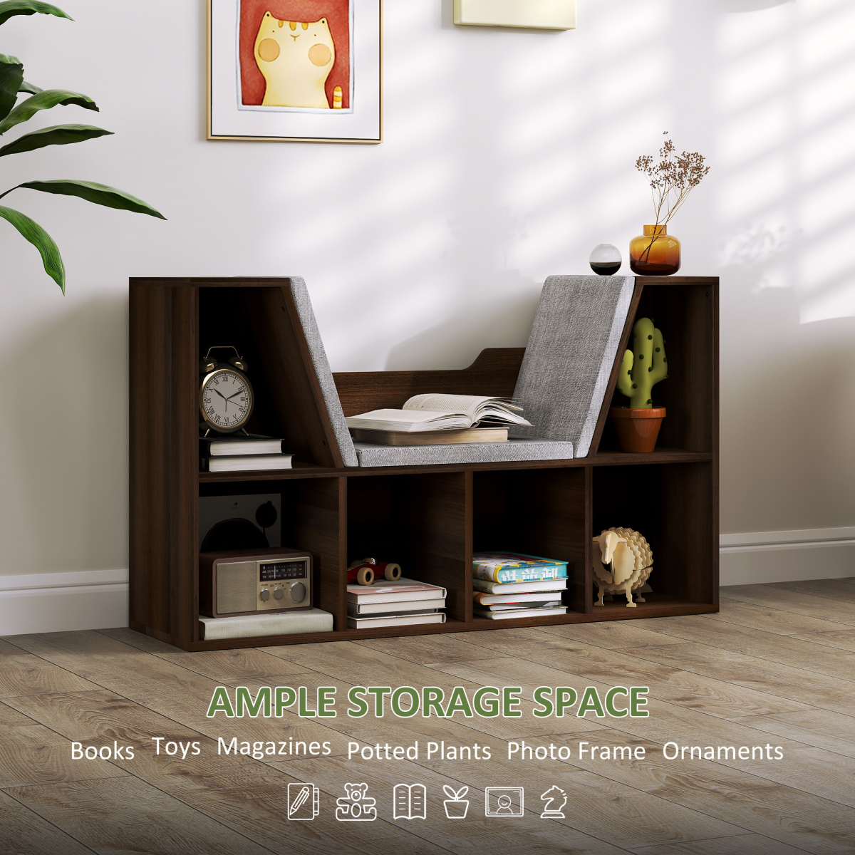 HOMCOM Cube Bookshelf Organizer with Reading Seat, Six Cubes, Chestnut