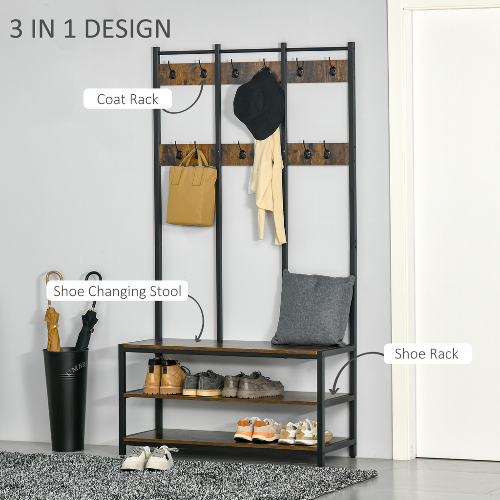 Entryway Coat Rack Hall Tree Shoe Bench 3 in 1 Design Metal Rack HOMCOM