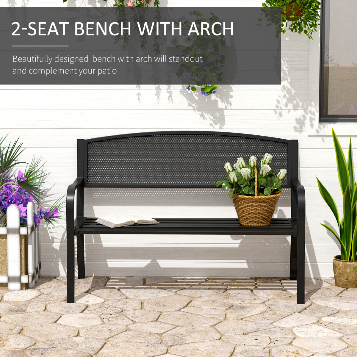2 Person Garden Bench, Steel-Black
