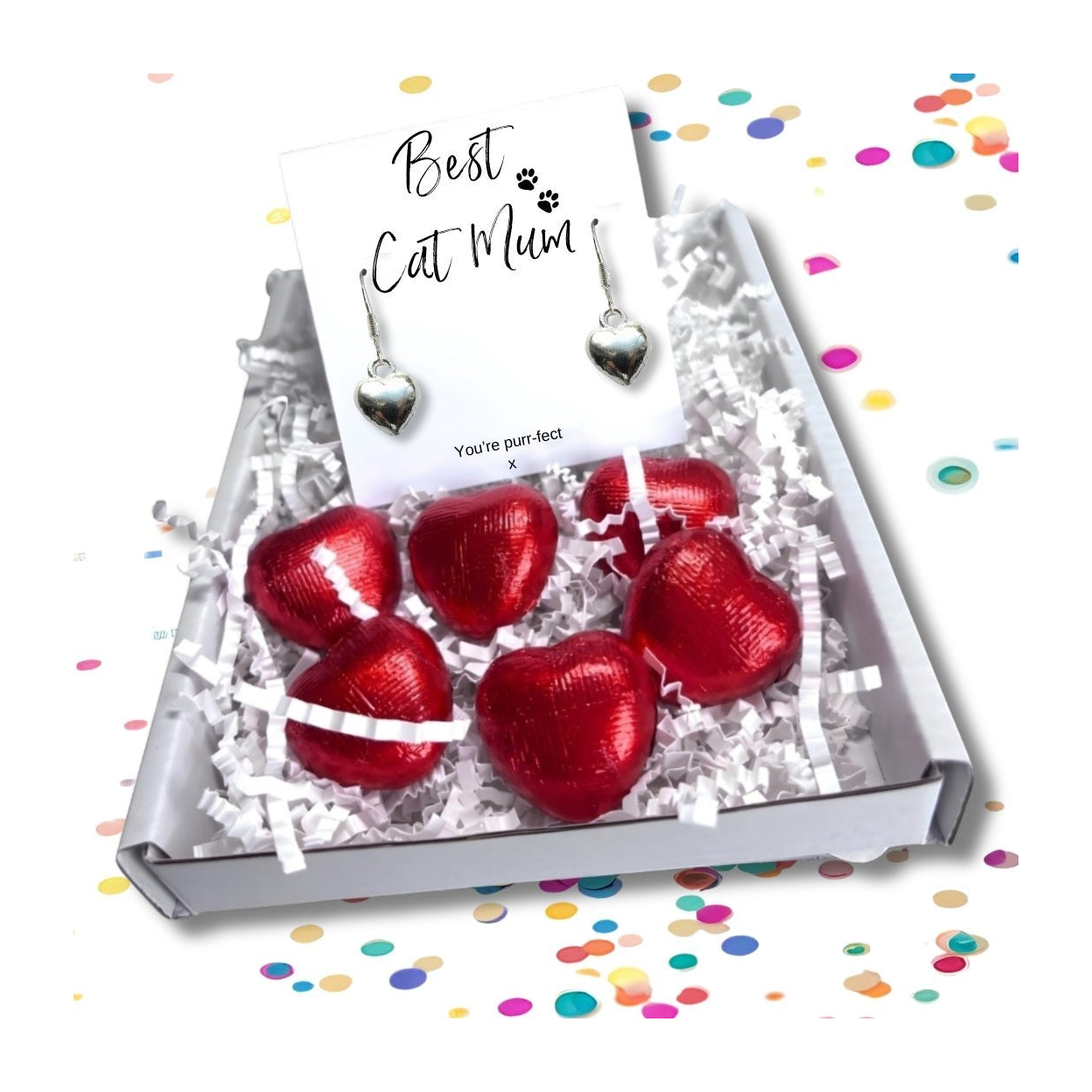 Best Cat Mum Mini Gift Hamper Silver Heart Earrings