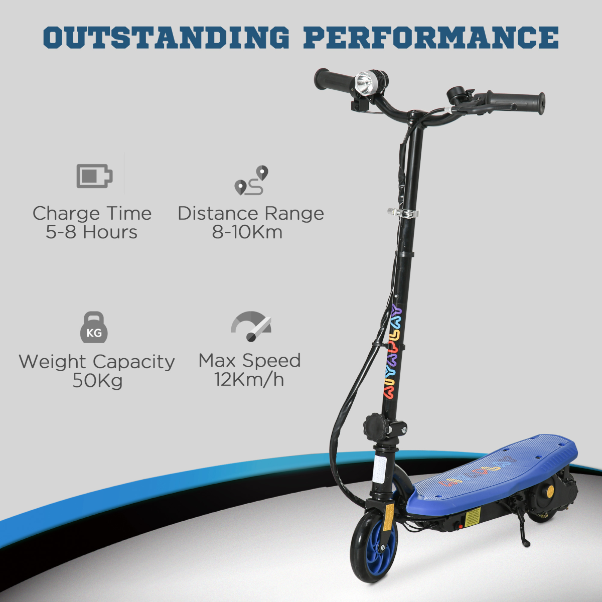 Folding Electric Scooter E-Scooter with LED Headlight, for Ages 7-14 Years - Blue