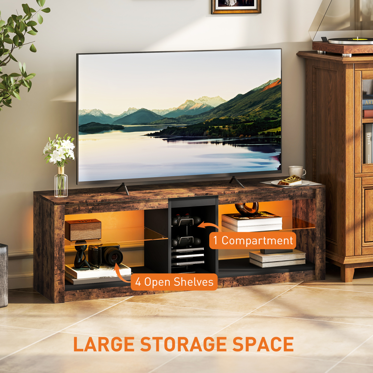 HOMCOM TV Stand, Entertainment Centre with LED Lights, Rustic Brown