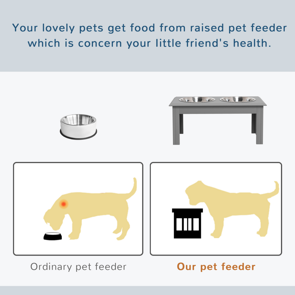 PawHut Raised Dog Bowls Pet Feeder Raised Elevated Stainless Steel Food Grey