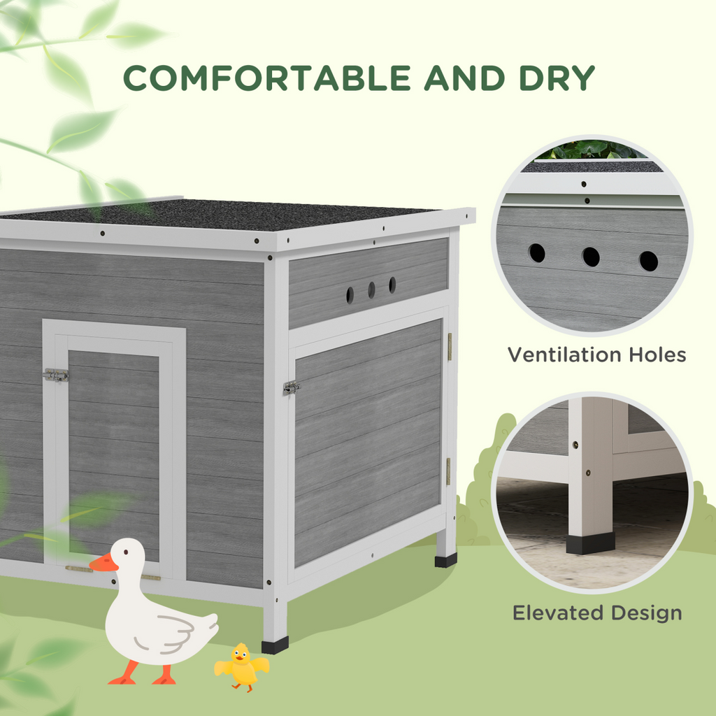 PawHut Wooden Duck House, Poultry Coop with Double Doors, Openable Roof, Grey