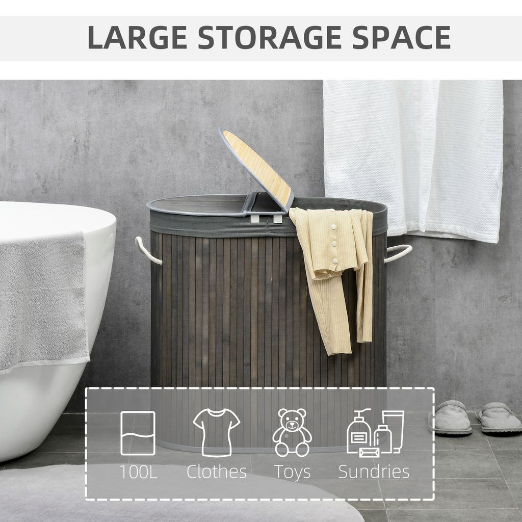 100L Bamboo Laundry Basket with 2 Compartments Washing Baskets Grey HOMCOM