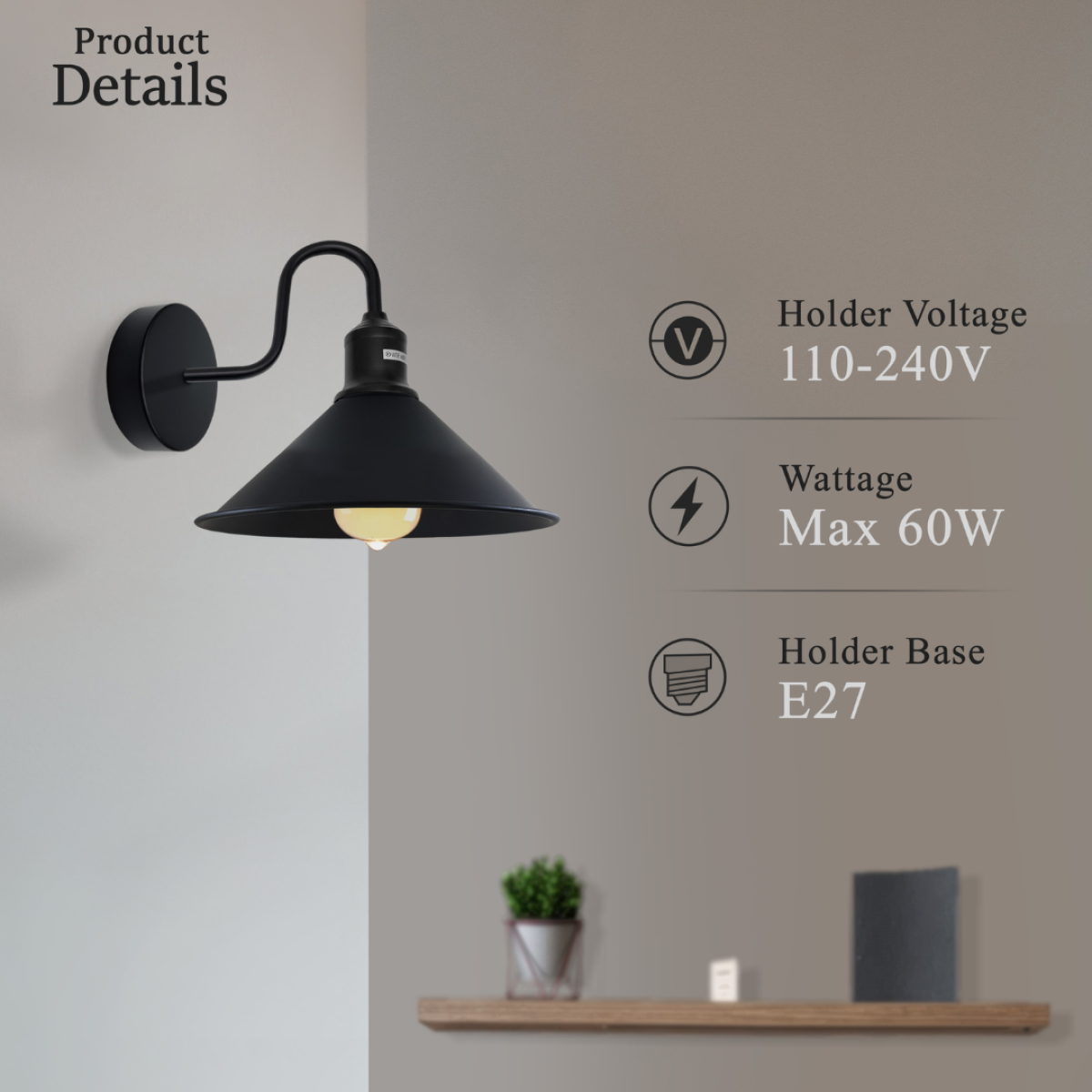 Black Vintage Industrial E27 Wall Sconce with Swan Neck Wall Light ~2484