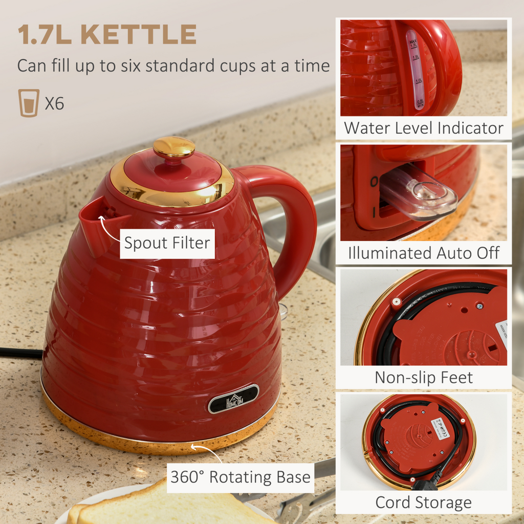 HOMCOM Kettle and Toaster Set 1.7L Rapid Boil Kettle & 4 Slice Toaster Red