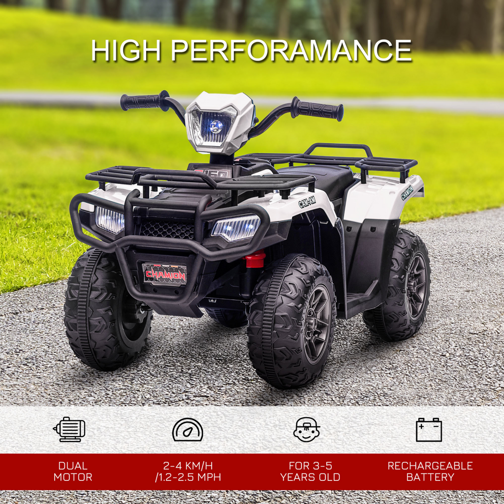 HOMCOM 12V Electric Quad Bike for Kids with LED Headlights, Music - White