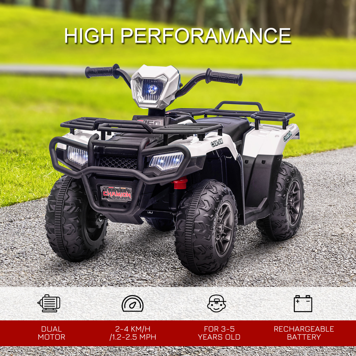 HOMCOM 12V Electric Quad Bike for Kids with LED Headlights, Music - White