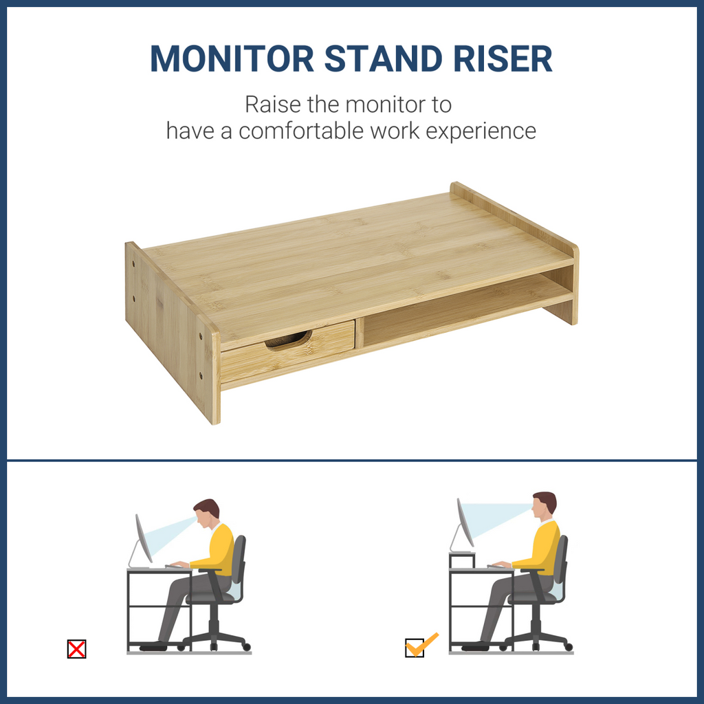 Monitor Riser Laptop PC Plinth Stand Desktop Organiser W/ Drawer Bamboo