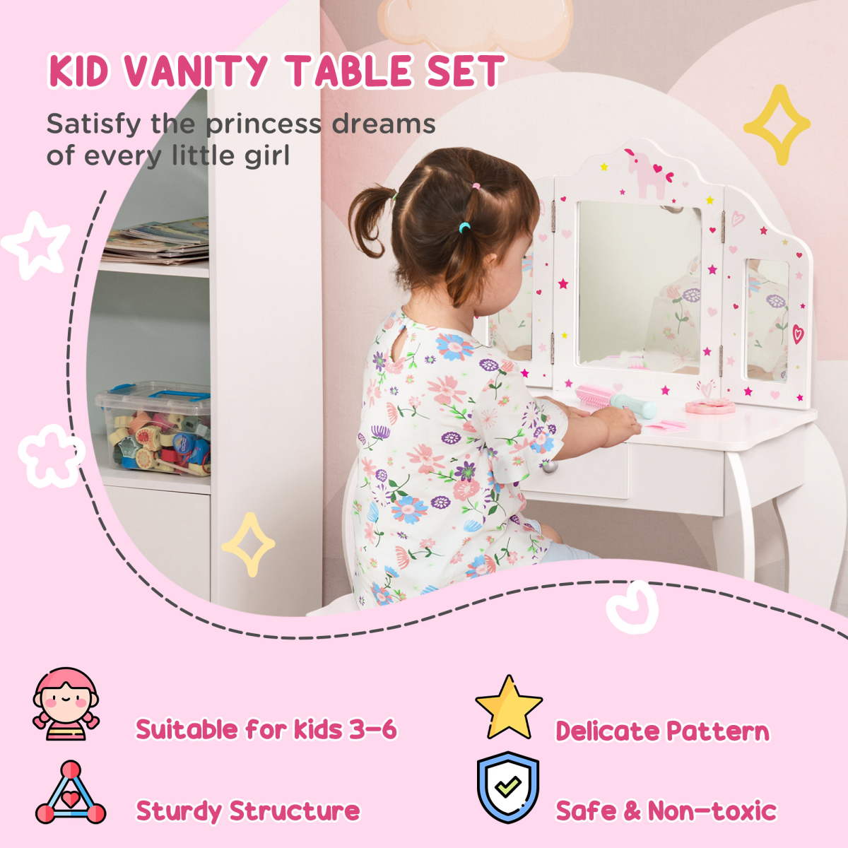 Kids Vanity Table & Stool Girls Dressing Set w/ Rotatable Mirror Drawer HOMCOM