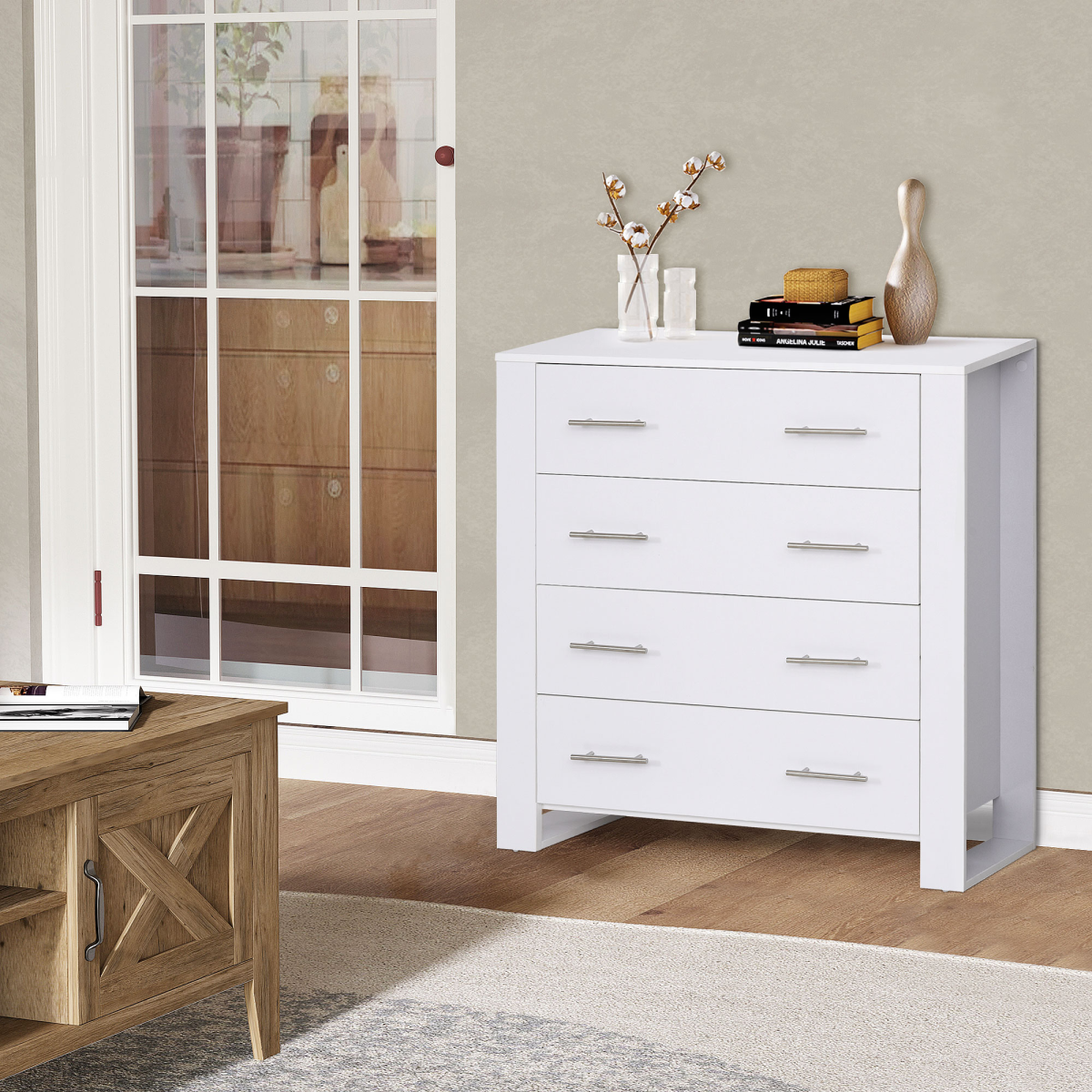 Chest Of 4 Drawers Home Storage Clothes Cabinet Metal Handles White