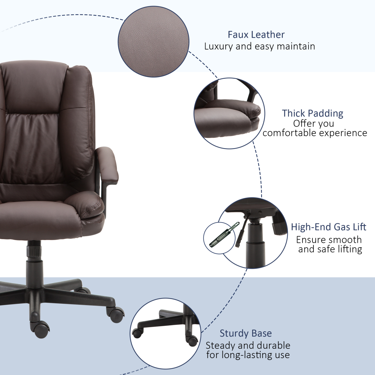 Swivel Executive Office Chair Mid Back PU Leather Chair with Arm, Brown HOMCOM