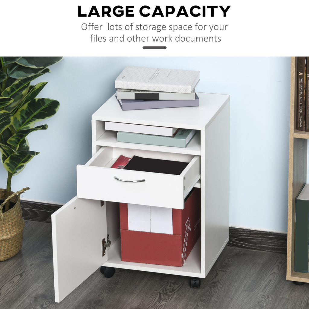 HOMCOM 60cm Storage Cabinet w/ Drawer Open Shelf Metal Handles 4 Wheels White