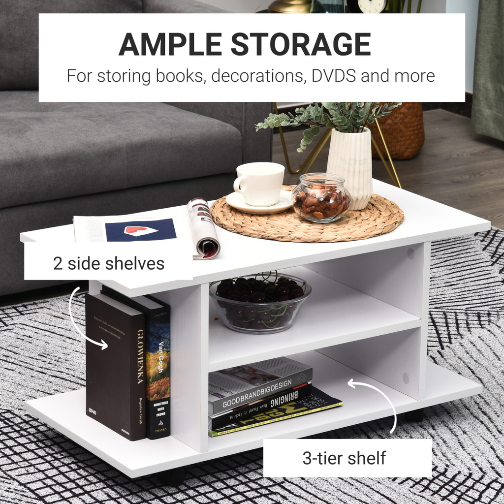 TV Stand Bookshelf Cabinet Modern 3 Tier shelf Storage Wheels in White
