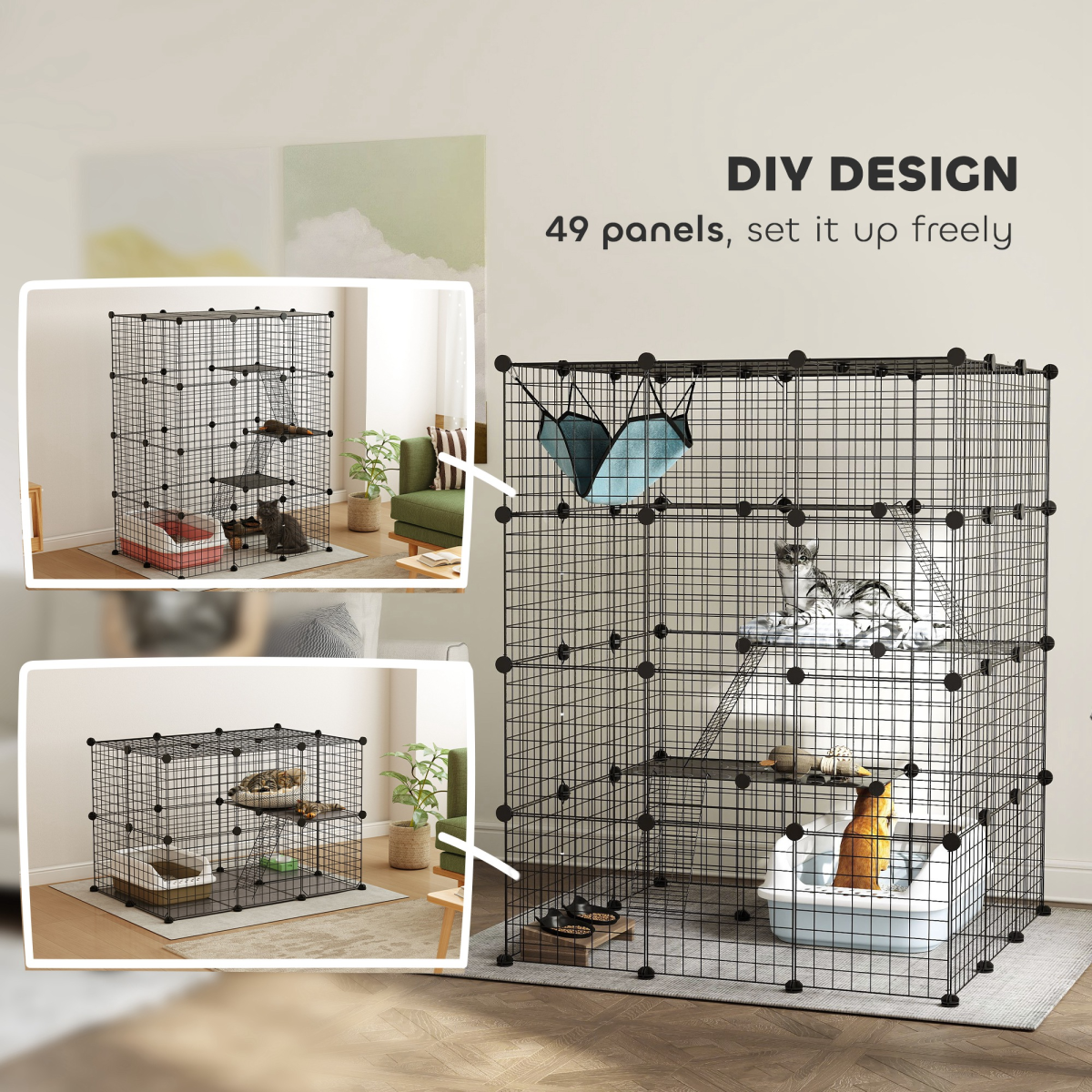 PawHut DIY 4 Tier Cat Cage Indoor with Hammock, Ramps, Doors, for 1-3 Cats