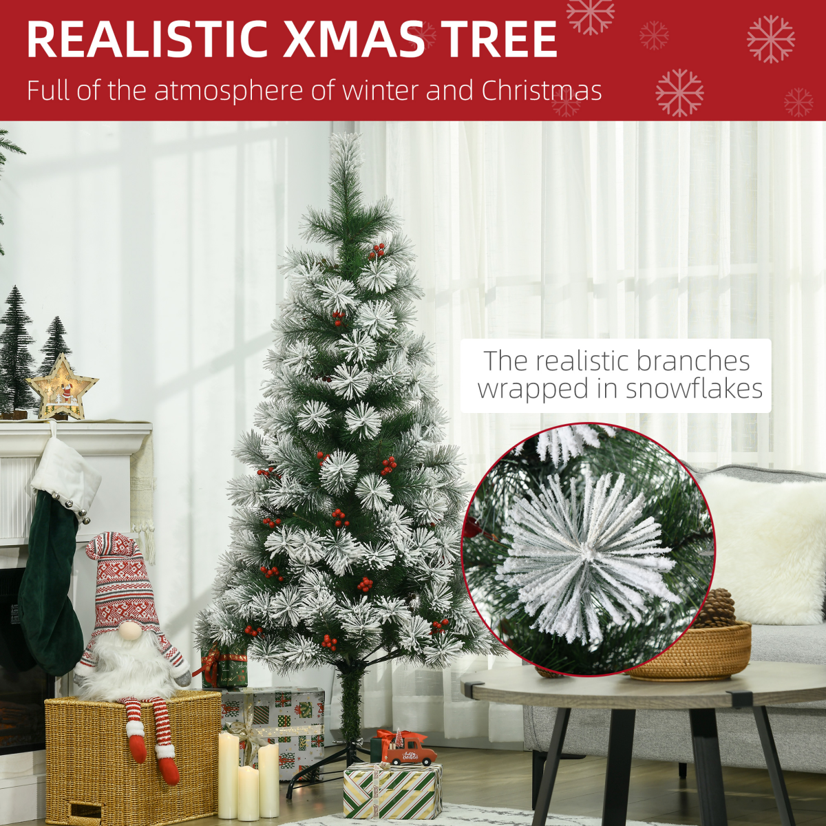 5ft Indoor Christmas Tree Artificial Berry Xmas Deco Metal Stand and 184 Tips
