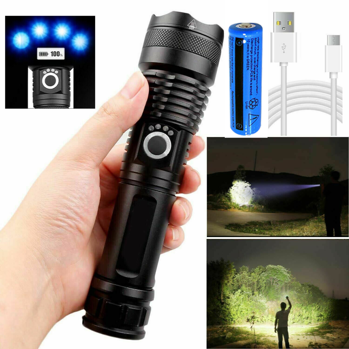 2 Pack USB Rechargeable LED Flashlight 5-Mode Outdoor Camping Hiking Flashlight