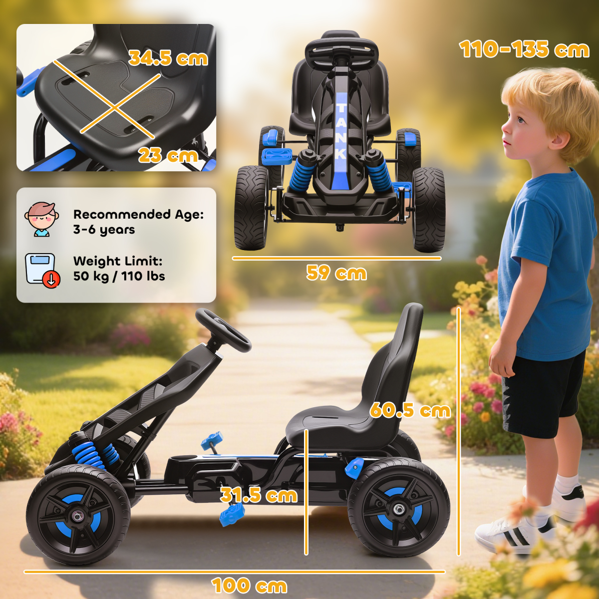 Blue Kids' Pedal Go-Kart with EVA Wheels – Ages 3–6