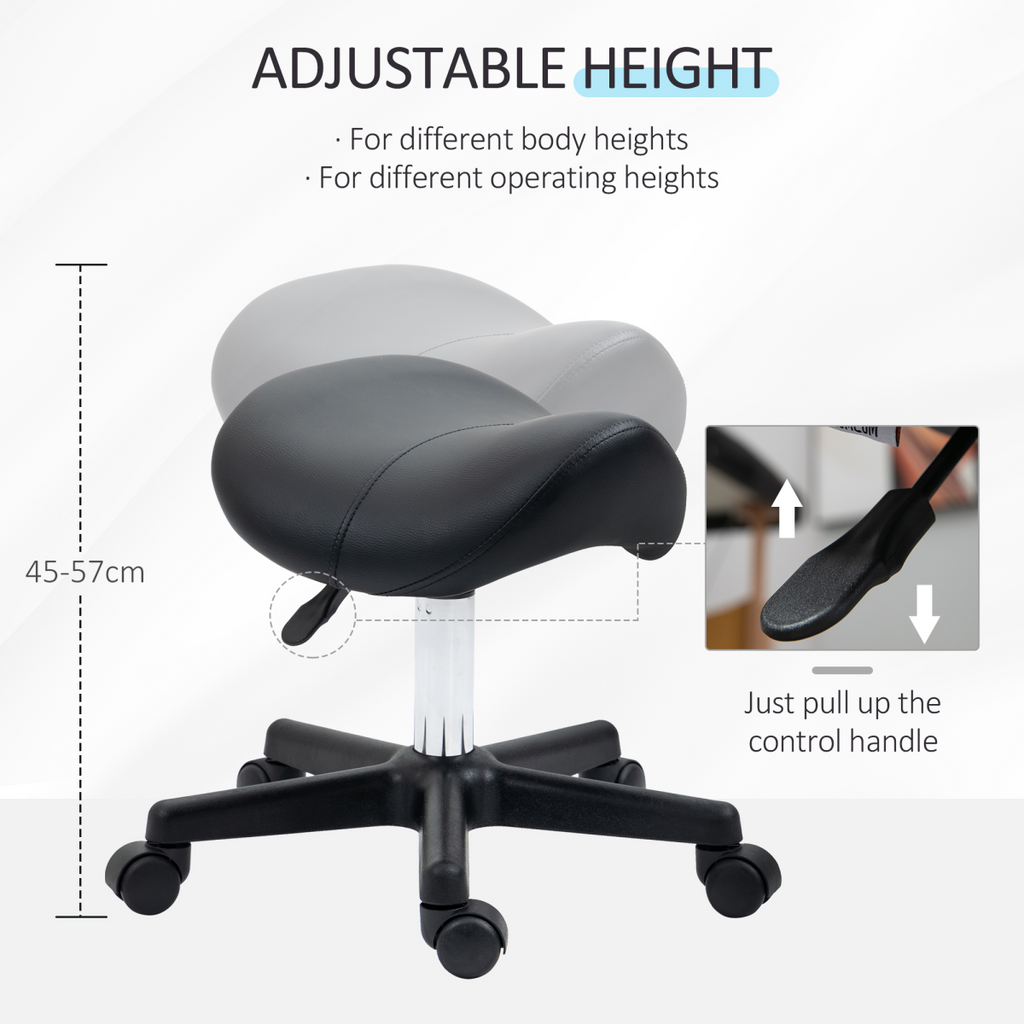 Saddle Stool PU Leather Adjustable Rolling Salon Chair Steel Frame for Massage