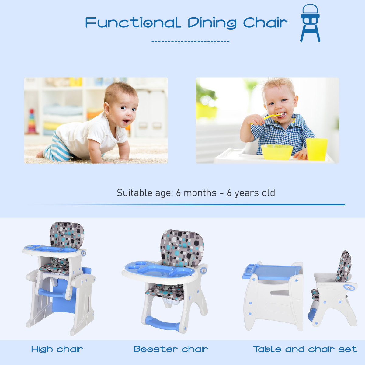 3-in-1 Convertible Baby High Chair Booster Seat with Removable Tray Blue