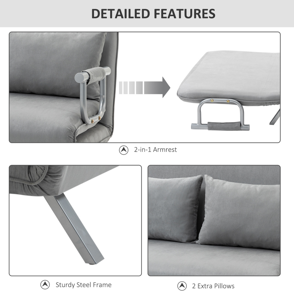 HOMCOM Fabric Convertible 2 Seater Sofa Bed w/ 2 Pillows, Light Grey
