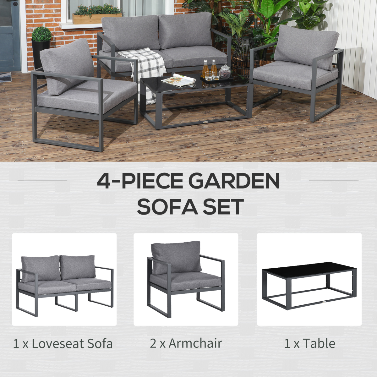 Outsunny 4 Pieces Garden Sectional Sofa Table Furniture Set Aluminium w/ Cushion