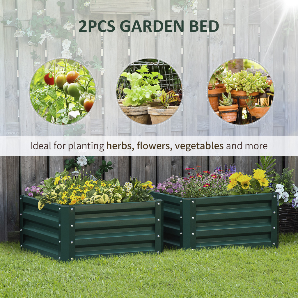 Outsunny Set of 2 Raised Garden Bed Galvanised Planter Box Easy Setup Green