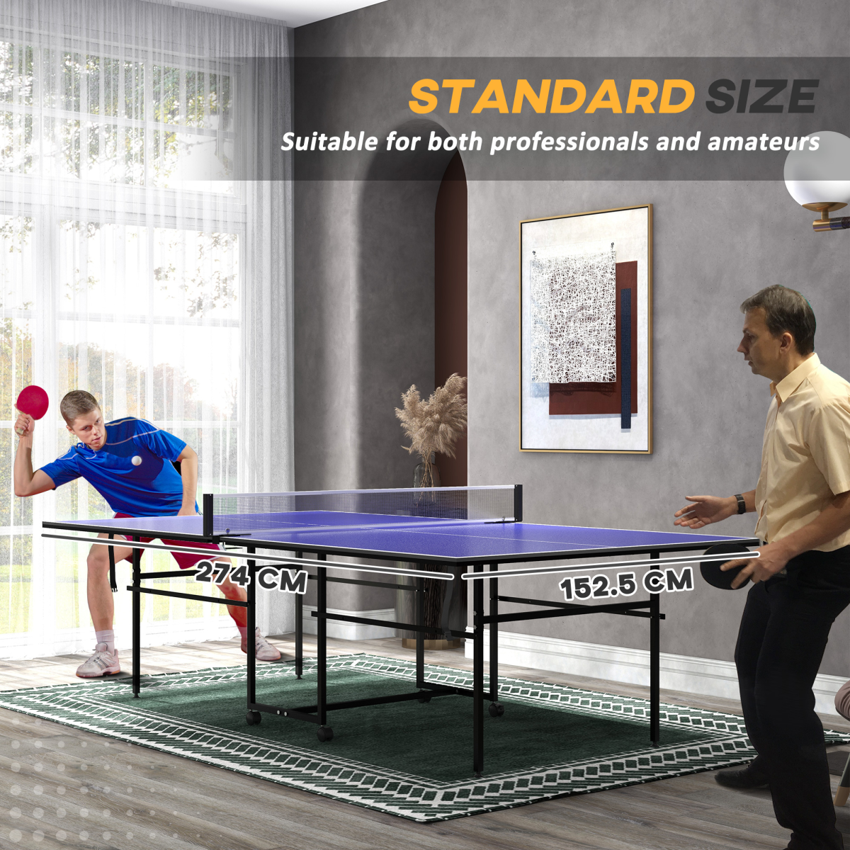 SPORTNOW 9FT Folding Table Tennis Table with 4 Wheels, for Indoors, Blue