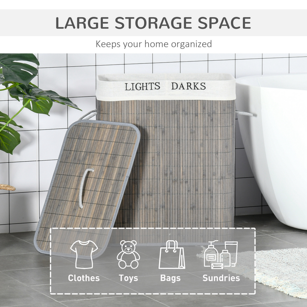 100L Bamboo Laundry Basket with Flip Lid Foldable, Grey Lining