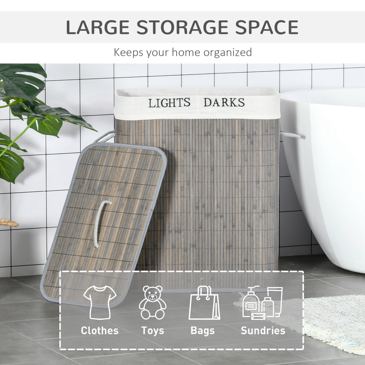 100L Bamboo Laundry Basket with Flip Lid Foldable, Grey Lining