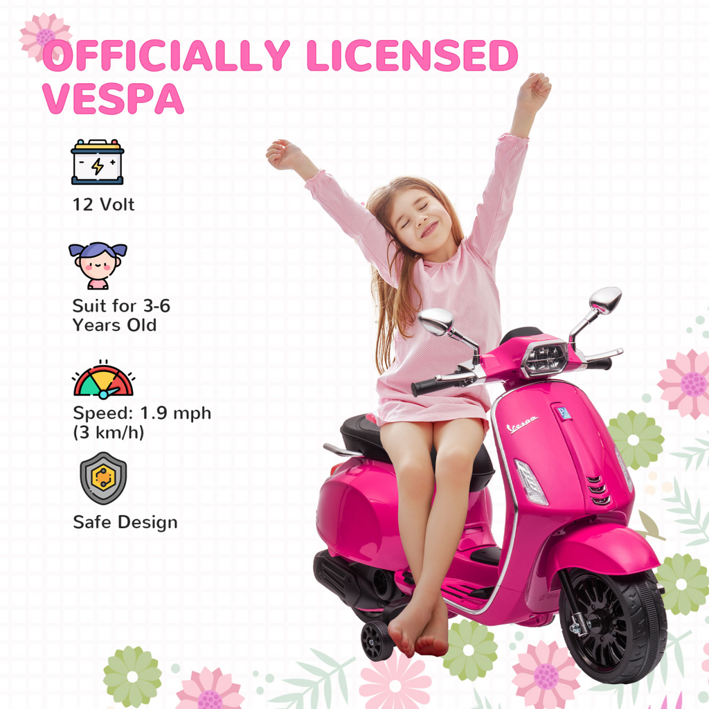 AIYAPLAY Vespa Licensed 12V Kids Electric Motorbike with 2 Training Wheels - Pink