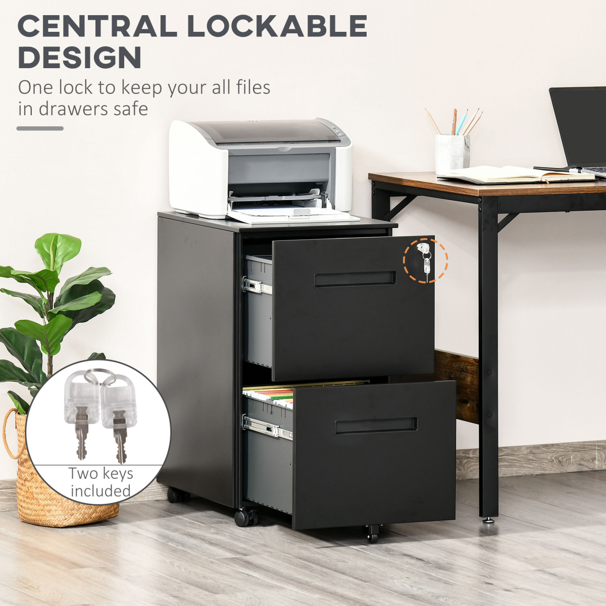 Mobile Lockable File Cabinet w/ Adjustable Hanging File Folder Black Vinsetto