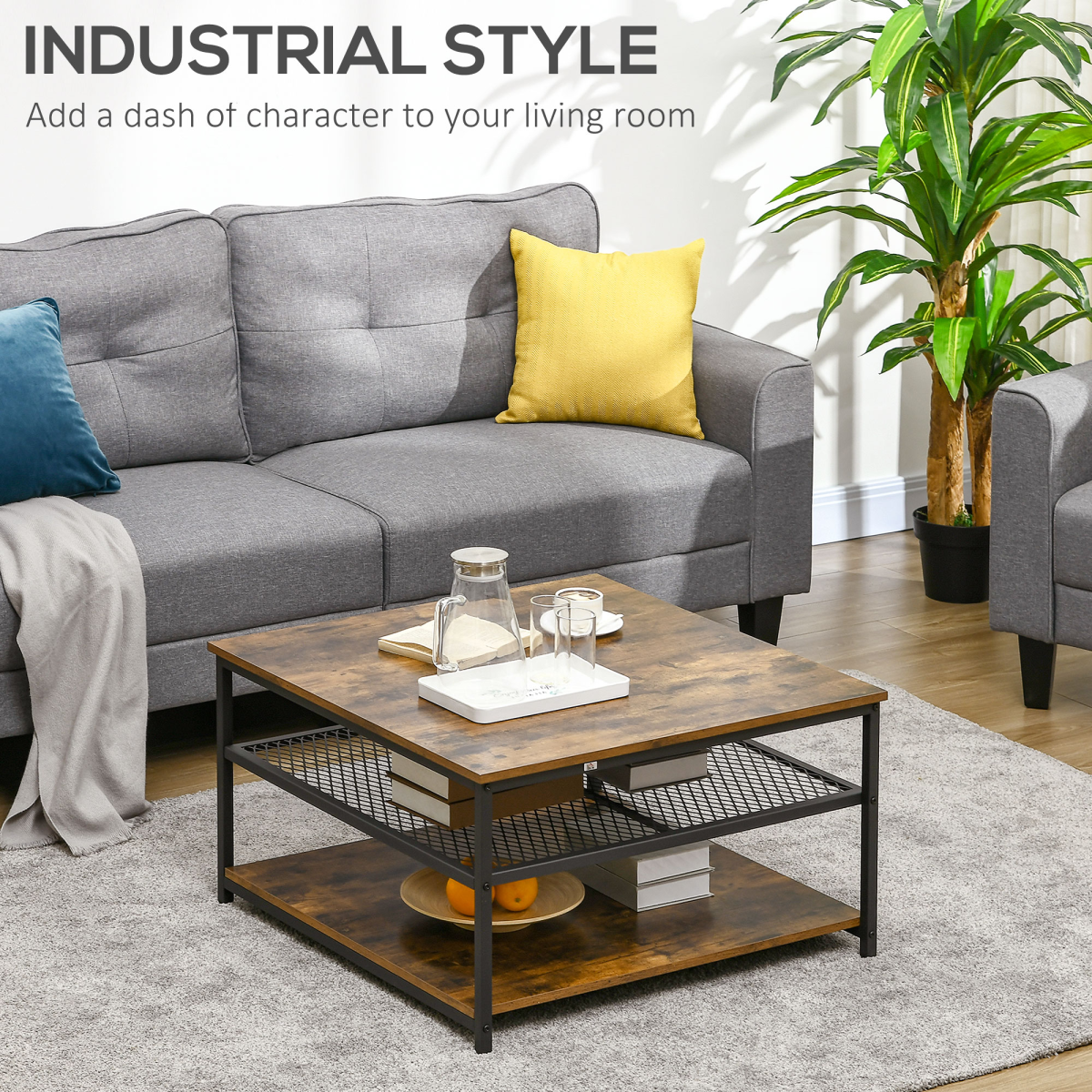 HOMCOM Industrial Coffee Table, Cocktail Table  Storage Shelves, Rustic Brown