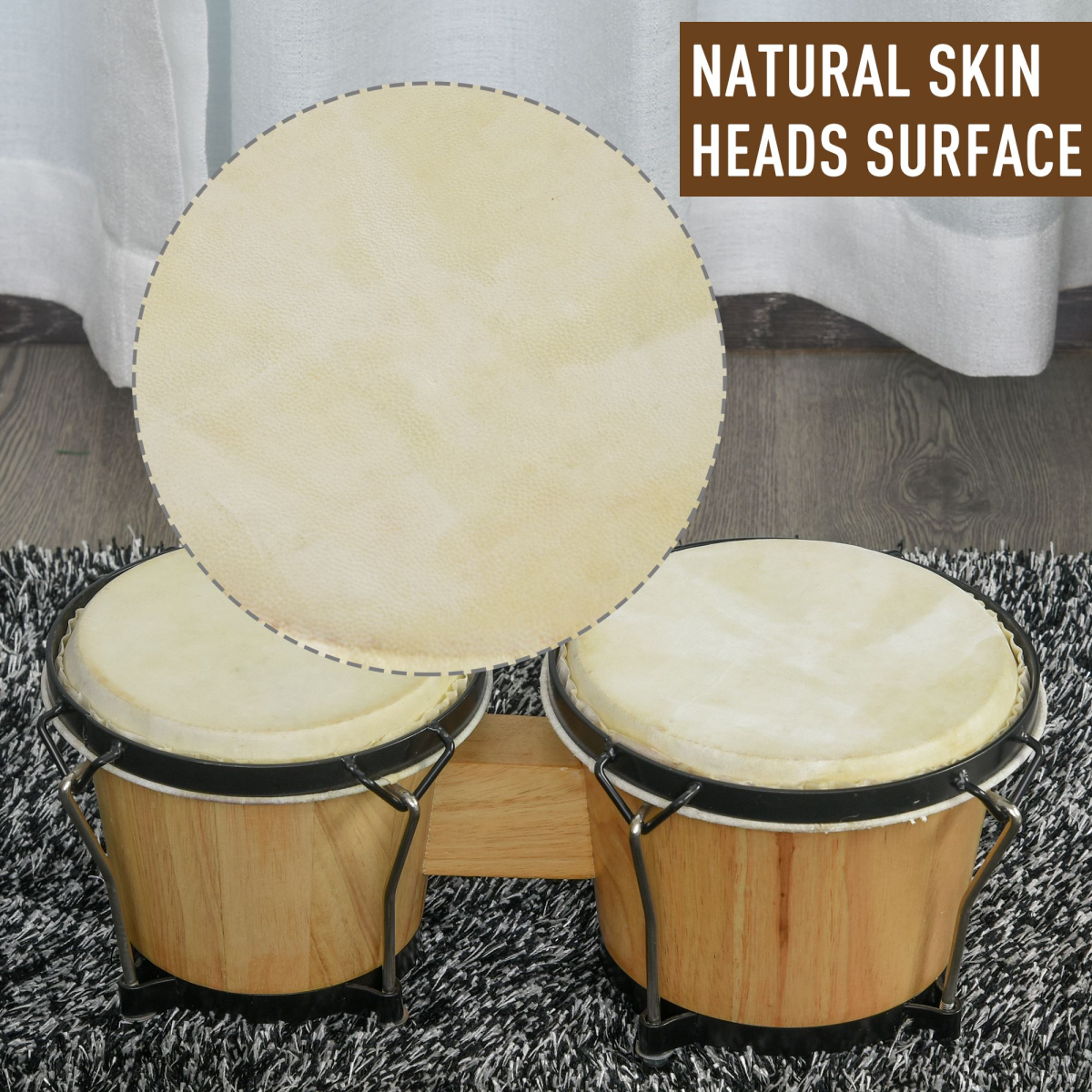 Wooden Bongo Drum Set with Sheepskin Drum Head 7.75" & 7" Tuning Wrench HOMCOM
