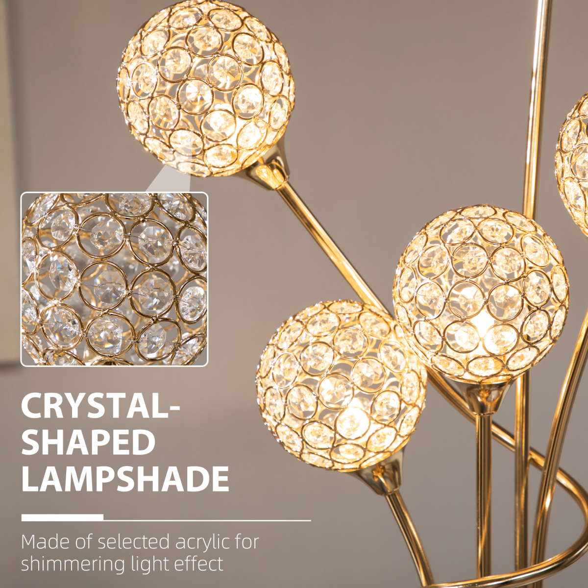 K9 Crystal Floor Lamp for Living Room, 5 Light Upright Standing Lamp, Gold