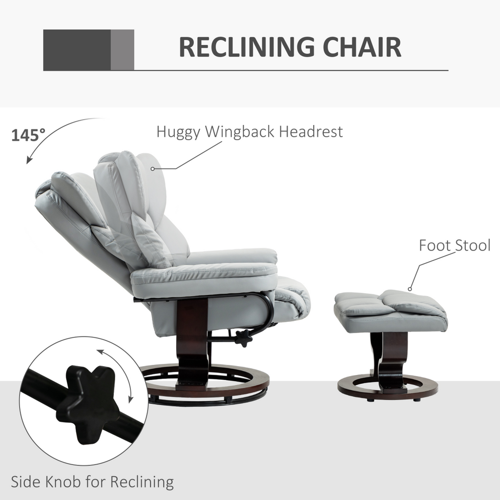 HOMCOM PU Leather Manual Reclining Armchair Footstool Padded Seat Light Grey