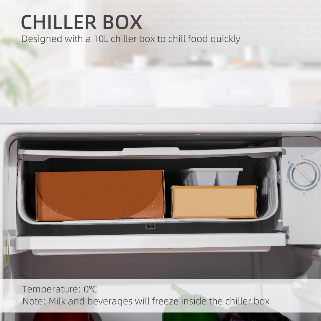 91L Freestanding Under Counter Fridge with Chiller Box Reversible Door White