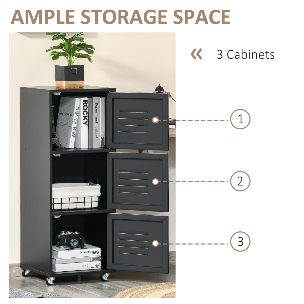 Rolling Storage Cabinet 3-Tier Mobile File Cabinet with Wheels Black