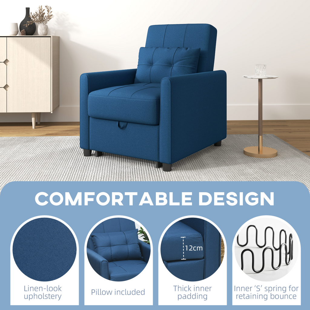HOMCOM Pull Out Chair Bed, Sleeper Chair with Pillow, Side Pockets, Blue
